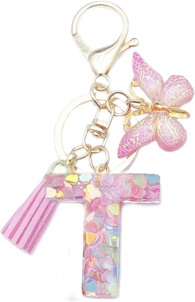Keychain with floral letter 'T' and butterfly charm